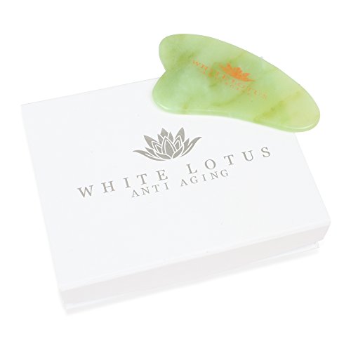 White Lotus Anti Aging – Piedra de Auto Masaje Gua Sha de Jade Masajeador Facial Antiedad Gua Sha Pan Terapia Antiarrugas Accesorio de Belleza Técnica Guasha con Su Caja Tradicional Forrada en Seda