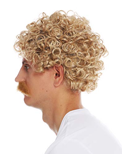 WIG ME UP- 2191-ZA82A Peluca Bigote Carnaval Halloween Hombres Pelo Rizado Rubio los años 70