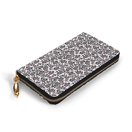 Women's Long Leather Card Holder Purse Zipper Buckle Elegant Clutch Wallet, Floral Pattern Artistic Pomegranate Fruits and Leaves Coming of Spring,Sleek and Slim Travel Purse