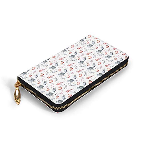 Women's Long Leather Card Holder Purse Zipper Buckle Elegant Clutch Wallet, Heron and Flamingo Birds with Artistic Watercolor Design Wildlife Nature,Sleek and Slim Travel Purse