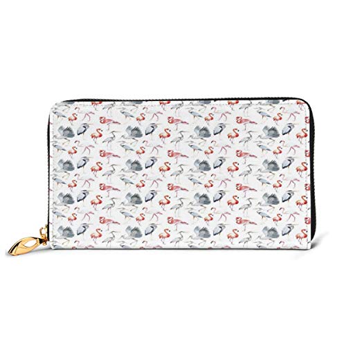 Women's Long Leather Card Holder Purse Zipper Buckle Elegant Clutch Wallet, Heron and Flamingo Birds with Artistic Watercolor Design Wildlife Nature,Sleek and Slim Travel Purse