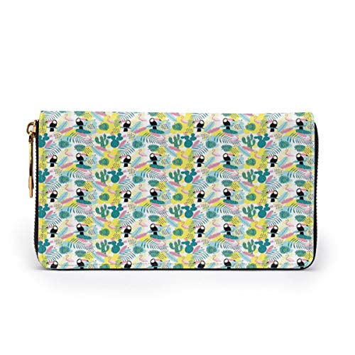 Women's Long Leather Card Holder Purse Zipper Buckle Elegant Clutch Wallet, Island Aloha Nature Art Pattern with Toucan Flamingos Cactuses and Exotic Leaves,Sleek and Slim Travel Purse