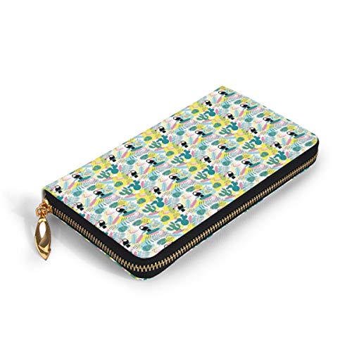 Women's Long Leather Card Holder Purse Zipper Buckle Elegant Clutch Wallet, Island Aloha Nature Art Pattern with Toucan Flamingos Cactuses and Exotic Leaves,Sleek and Slim Travel Purse