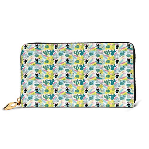 Women's Long Leather Card Holder Purse Zipper Buckle Elegant Clutch Wallet, Island Aloha Nature Art Pattern with Toucan Flamingos Cactuses and Exotic Leaves,Sleek and Slim Travel Purse