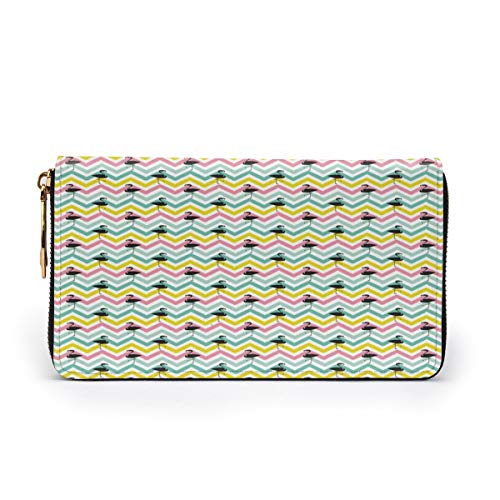 Women's Long Leather Card Holder Purse Zipper Buckle Elegant Clutch Wallet, Pastel Color Chevron Zigzag Stripes with Black Flamingo Silhouettes Exotic Summer,Sleek and Slim Travel Purse