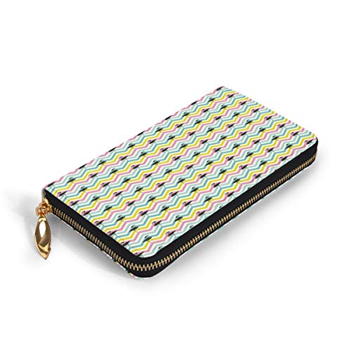 Women's Long Leather Card Holder Purse Zipper Buckle Elegant Clutch Wallet, Pastel Color Chevron Zigzag Stripes with Black Flamingo Silhouettes Exotic Summer,Sleek and Slim Travel Purse