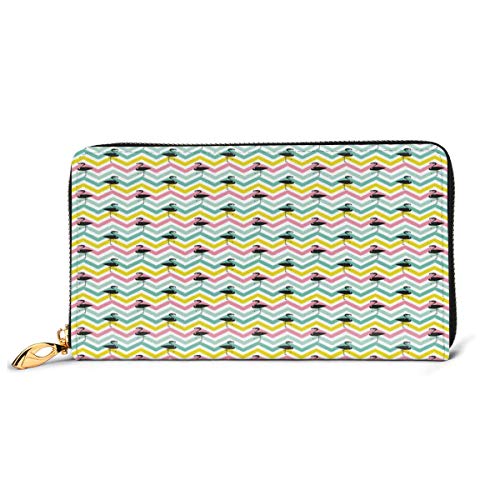 Women's Long Leather Card Holder Purse Zipper Buckle Elegant Clutch Wallet, Pastel Color Chevron Zigzag Stripes with Black Flamingo Silhouettes Exotic Summer,Sleek and Slim Travel Purse