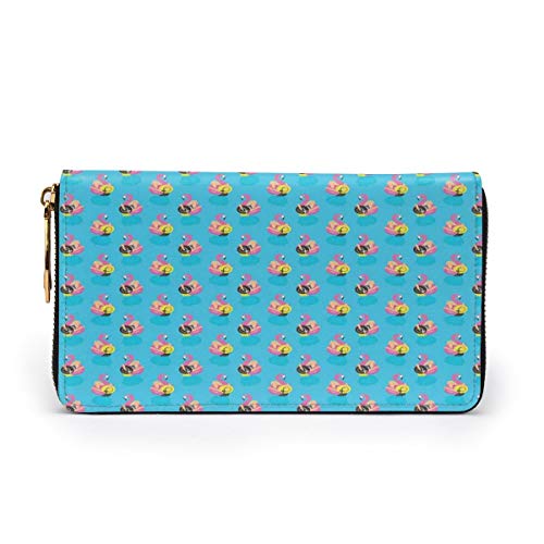 Women's Long Leather Card Holder Purse Zipper Buckle Elegant Clutch Wallet, Summer Season Holiday Themed Illustration Girls On Flamingos In Pool Exotic Vacation,Sleek and Slim Travel Purse