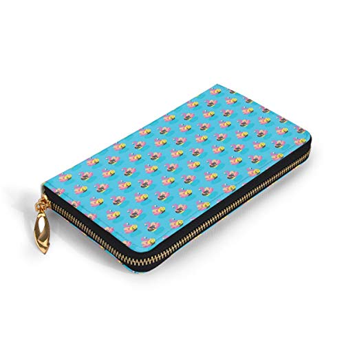 Women's Long Leather Card Holder Purse Zipper Buckle Elegant Clutch Wallet, Summer Season Holiday Themed Illustration Girls On Flamingos In Pool Exotic Vacation,Sleek and Slim Travel Purse