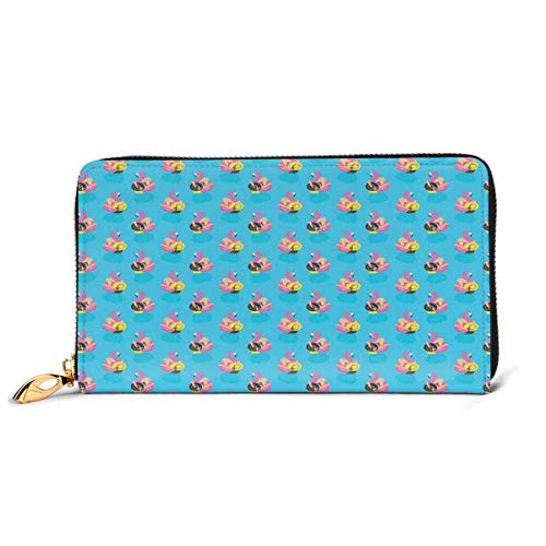 Women's Long Leather Card Holder Purse Zipper Buckle Elegant Clutch Wallet, Summer Season Holiday Themed Illustration Girls On Flamingos In Pool Exotic Vacation,Sleek and Slim Travel Purse