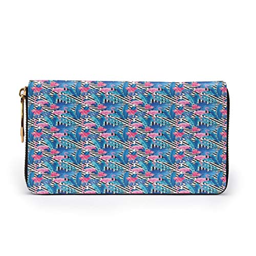 Women's Long Leather Card Holder Purse Zipper Buckle Elegant Clutch Wallet, Watercolor Tropic Pink Flamingos and Orchid with Blue Floral Plant Jungle Palm,Sleek and Slim Travel Purse