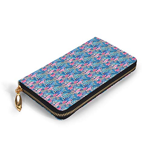 Women's Long Leather Card Holder Purse Zipper Buckle Elegant Clutch Wallet, Watercolor Tropic Pink Flamingos and Orchid with Blue Floral Plant Jungle Palm,Sleek and Slim Travel Purse