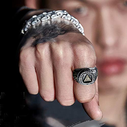 WTZWY Anillo Viking Norse Pyramid Triangle Eyes de Plata de Ley 925, Hombres Triangle Eye of God con Cabeza de Odin con Banda de Anillo Crow Gothic Biker, tamaño Ajustable