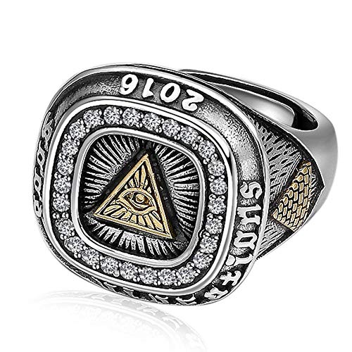 WTZWY Anillo Viking Norse Pyramid Triangle Eyes de Plata de Ley 925, Hombres Triangle Eye of God con Cabeza de Odin con Banda de Anillo Crow Gothic Biker, tamaño Ajustable