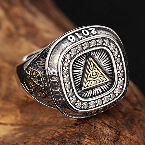 WTZWY Anillo Viking Norse Pyramid Triangle Eyes de Plata de Ley 925, Hombres Triangle Eye of God con Cabeza de Odin con Banda de Anillo Crow Gothic Biker, tamaño Ajustable