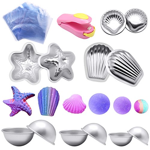 Yotako Kit de molde para bombas de baño, forma de bomba de baño de metal, 6 juegos de 12 piezas con 50 bolsas de depilación y 1 mini sellador de calor para hacer bombas de baño