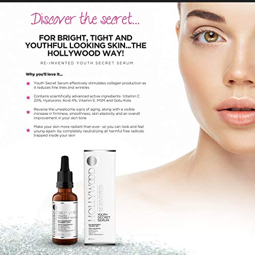 Youth Secret Serum - 20% de Vitamina C + 4% ¡de Ácido Hialurónico! 4 veces más FUERTE que tratamientos anti-edad regulares. ¡EFECTO BOTOX! 30ml.