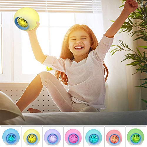 YUES Reloj Despertador Digital para niños con Calendario y termómetro,7 Colores Cambio de luz con Control táctil Junto a la Cama (Azul)