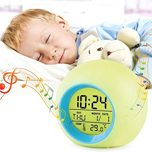 YUES Reloj Despertador Digital para niños con Calendario y termómetro,7 Colores Cambio de luz con Control táctil Junto a la Cama (Azul)