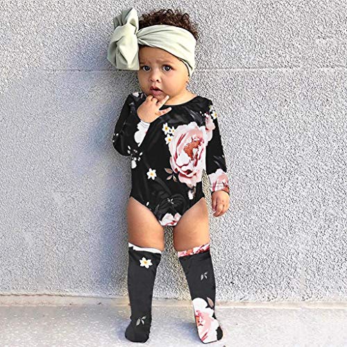 YWLINK ♥Mono De Bebe NiñA Verano 2PC Conjuntos Mono Estampado Floral Traje De Rastreo+Cubierta del Pie Calcetines Lindo Vestido De NiñA para Bautizo Regalo del DíA De Miembro(Negro,0-6 meses/70)