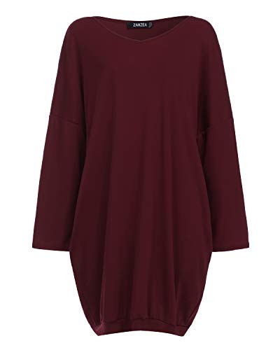 ZANZEA Vestidos Sudadera Mujer Cuello V Manga Larga Otoño Jerseys de Punto Mujer Largos Casual Tallas Grandes Rojo Vino S