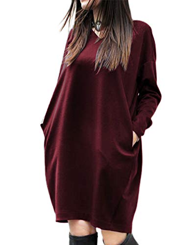 ZANZEA Vestidos Sudadera Mujer Cuello V Manga Larga Otoño Jerseys de Punto Mujer Largos Casual Tallas Grandes Rojo Vino S