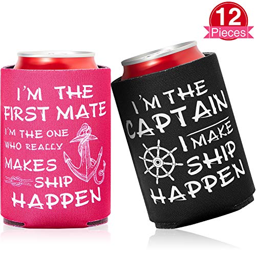 12 Piezas Funda de Enfriador de Botella de Vela Náutica Funda de Lata de Cerveza Regalos de First Mate Ship Happen Nautical, Negro y Rojo Rosado