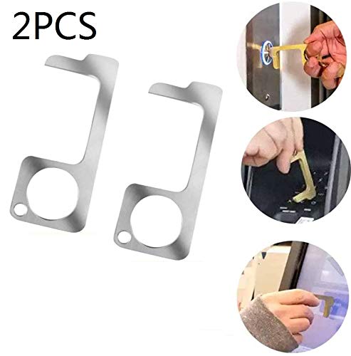 2PCS Portable EDC Door Opener,Portable Hygiene Hand Alloy No Touch Door Opener Elevator Handle Key (Silver)