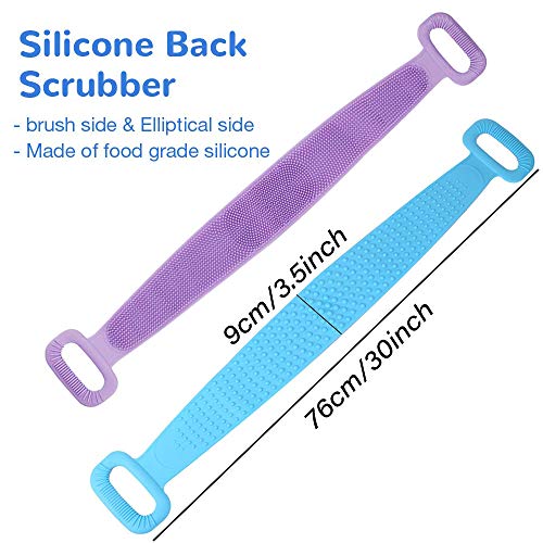 2Pcs Silicona Cuerpo Cepillo,Cepillo Espalda Ducha,Toalla de Baño Depurador Trasero Exfoliante de Doble Cara para la Ducha,Limpiar Espalda y Euerpo,suave y cómodo Masajee,76 * 9cm(Morado y azul)