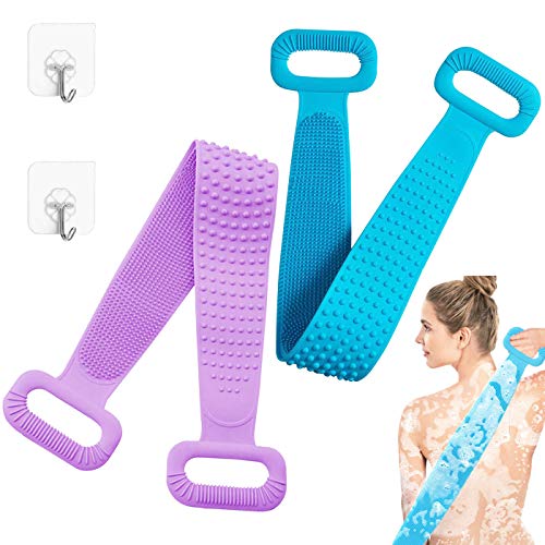 2Pcs Silicona Cuerpo Cepillo,Cepillo Espalda Ducha,Toalla de Baño Depurador Trasero Exfoliante de Doble Cara para la Ducha,Limpiar Espalda y Euerpo,suave y cómodo Masajee,76 * 9cm(Morado y azul)