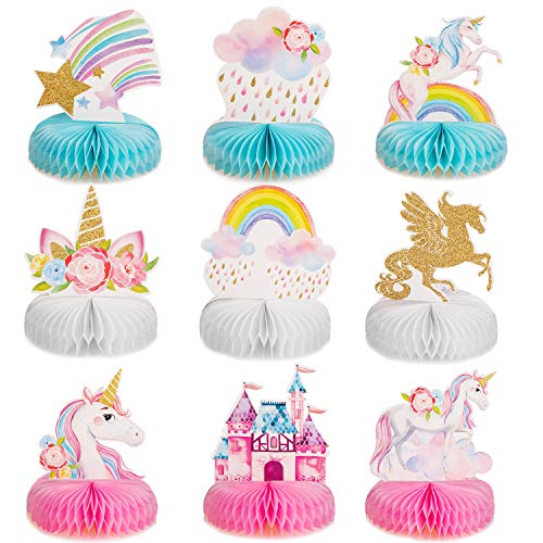 9 Centros de Mesa con Forma de Panal de Unicornio Arcoíris Topper de Mesa de Panal de Unicornio Brillante para Suministros de Decoración de Fiesta Cumpleaños de Panal de Unicornio