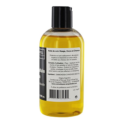 Aceite de jojoba, 250 ml.Aceite de tratamiento, 100 % puro.Pieles maduras, cabello roto.Antiarrugas, brillo, protección, reparador.