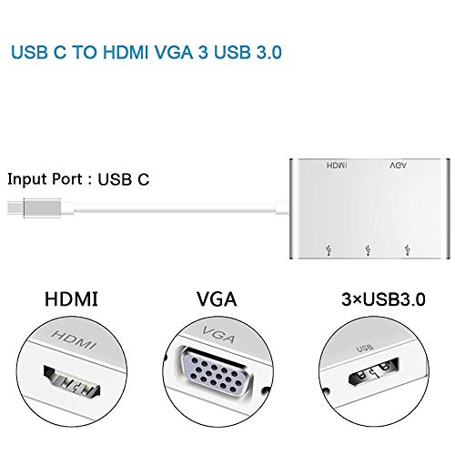 Adaptador HUB USB Tipo C a HDMI/VGA / 3 x USB 3.1 Tipo C, NeefeaerHUB USB C (Compatible con Thunderbolt 3) USB C HDMI Adaptador multipuerto AV Digital para MacBook, Chromebook Pixel y más