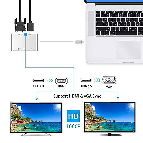 Adaptador HUB USB Tipo C a HDMI/VGA / 3 x USB 3.1 Tipo C, NeefeaerHUB USB C (Compatible con Thunderbolt 3) USB C HDMI Adaptador multipuerto AV Digital para MacBook, Chromebook Pixel y más