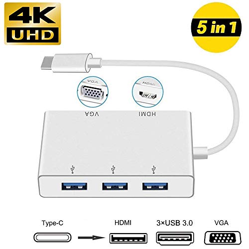 Adaptador HUB USB Tipo C a HDMI/VGA / 3 x USB 3.1 Tipo C, NeefeaerHUB USB C (Compatible con Thunderbolt 3) USB C HDMI Adaptador multipuerto AV Digital para MacBook, Chromebook Pixel y más