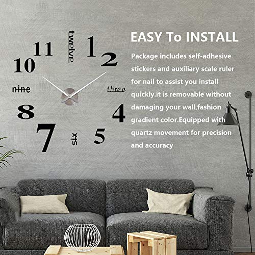 Afaneep Reloj Pared, 3D Gran Reloj de Pared Adhesivo Silencioso DIY Moderno Reloj sin Marco Adhesivo Etiqueta de Pared Decoración Ideal para la Casa Oficina Hotel - 2 Años de Garantía