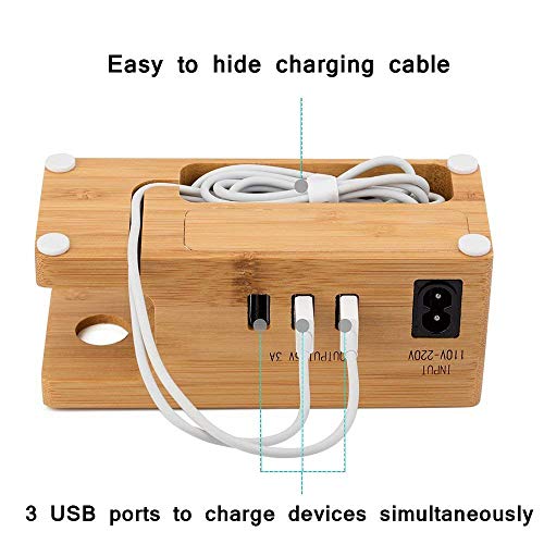 AICase Estación de Carga USB de Madera de bambú, Cargador de Escritorio, 3 Puertos USB 3.0 Hub, para iPhone 7/7Plus/6S/6/Plus/5s y Apple Watch de 38 mm/42 mm,Samsung y la mayoría de los Smartphones