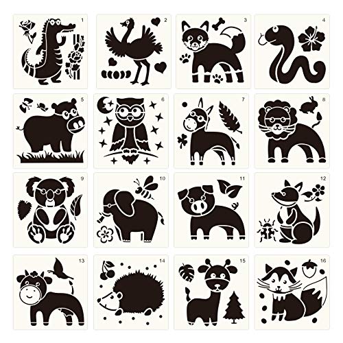 AirSMall 16 PCS Plantillas de Dibujo Infantil, Plantillas de Pintura Animal Plástico Reutilizable Manualidades Decoración Manual Regalo de cumpleaños para Niños Arte DIY Tarjeta Scrapbooking Blanco