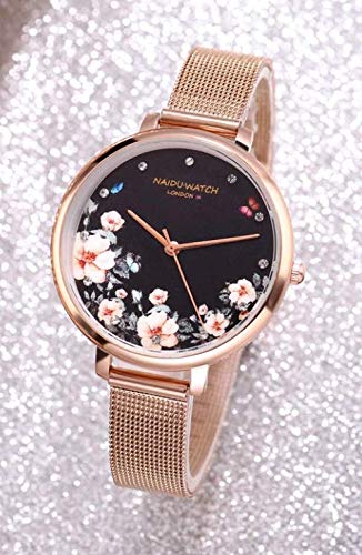 ALCENTIS - Reloj de pulsera para mujer con esfera milanesa de oro rosa, fondo de pintura de flores, reloj de cuarzo con pantalla analógica