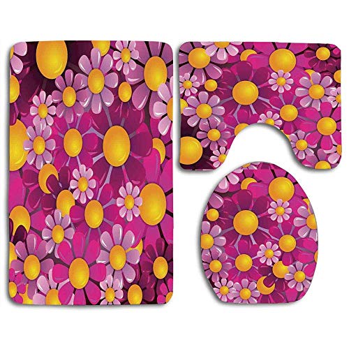 Alfombras de baño Conjunto Flores abstractas Dibujos animados Verano Jardín Feliz vítores Florecer Lavable Alfombra de baño + Alfombra de contorno + Funda de asiento de inodoro, Alfombra de piso para