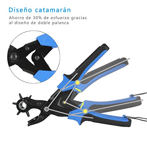 Alicate Sacabocados para Cinturones y Cuero, [Juego Completo] Diyife Agujero Perforadora Punzón de Cinturón, Herramienta de Alicate para Trabajo Pesado Múltiple Tamaño para Tarjeta, Goma, (Azul)