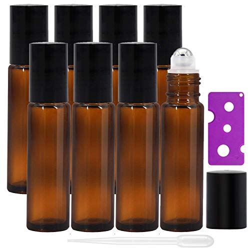 Alledominio, 8 botellas de 10 ml de aceites esenciales, botellas de vidrio ámbar recargables con bolas de acero inoxidable, incluye 12 etiquetas, 1 cuentagotas y abridor, perfecto para aromaterapia