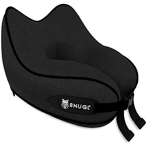 Almohada de Viaje SNUGL - Cojín de Espuma de Memoria de Diseño Ergonómico Premium - Avión, Tren o automóvil - Bolsa de Viaje con mosquetón Incluido (Negro Azabache)