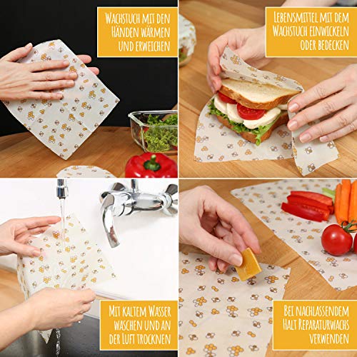 Amazy Envoltorio cera de abeja natual 100% (Set de 7) | Alternativa sostenible al papel de aluminio y papel albal - Para frutas, verduras, pan, queso y otros alimentos | Rollo certificado por la LFGB.