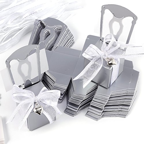 Anladia 50pcs Cajita para Regalo en Forma de Silla con Lazada en Organza Cajas Sillas del Color Gris con Plateado