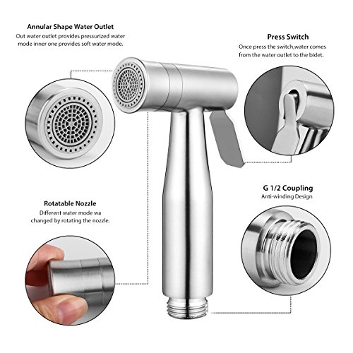 AOZBZ 2 Modos Mano Grifos de Bidé Shattaf Pulverizador, Acero Inoxidable Bidet de Ducha de Baño Spray Faucet con Manguera, tee Conectores, Soporte, Gancho