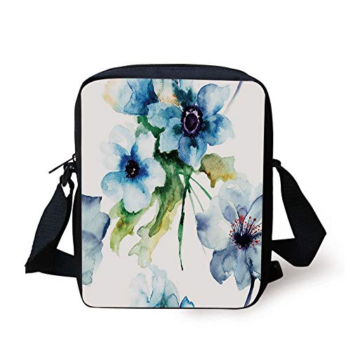 Art,Summer Flowers Essence Growth Fragrance Petals Watercolor Bouquet Artistic Image Decorative,Blue Forest Green Print Kids Crossbody Messenger Bag Purse