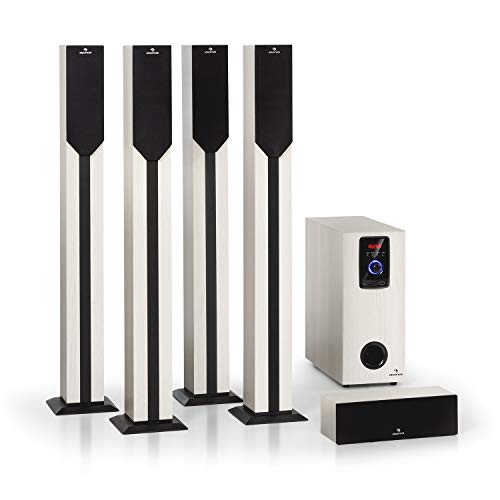 auna Areal Elegance - Sistema Home Cinema 5.1, Subwoofer 5", 5 Altavoces satélite (3"+5"), Potencia 190 W, Bluetooth, Puerto USB/SD, AUX, Pantalla LED, Mando a Distancia, Estética Madera, Blanco