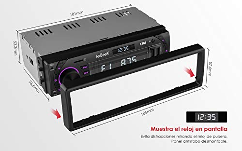 Autoradio Bluetooth Coche RDS Estéreo ieGeek, Luz de Botón 7 Colores, 60W X 4 Soporta FM/AM/AUX/MP3/WMA/WAV/USB/SD/Control Remoto, Reloj de visualización, Guardar 30 Emisoras de Radio, 1DIN