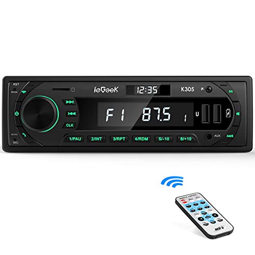 Autoradio Bluetooth Coche RDS Estéreo ieGeek, Luz de Botón 7 Colores, 60W X 4 Soporta FM/AM/AUX/MP3/WMA/WAV/USB/SD/Control Remoto, Reloj de visualización, Guardar 30 Emisoras de Radio, 1DIN